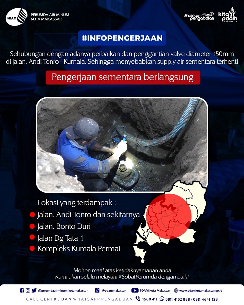 Ada Perbaikan dan Penggantian Valve Diameter 150mm di Andi Tonro dan Kumala, Suplai Air Terhenti Sementara di 4 Lokasi